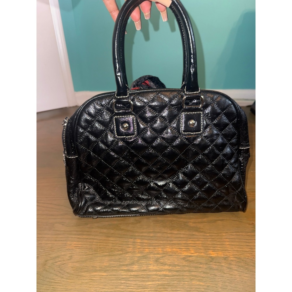 Talbots Black Quilted Patent Leather Satchel Handbag with Scarf Accent